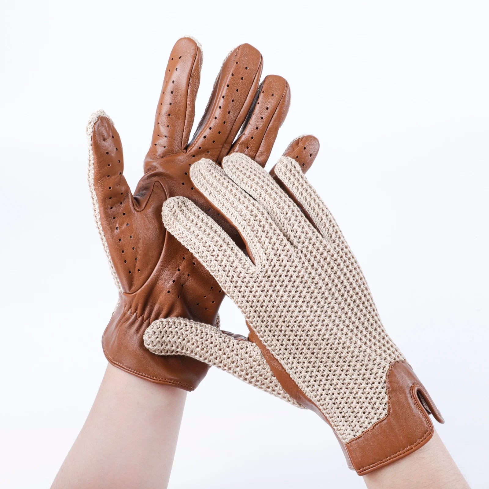 Hot Sale New Style Man Spring Summer Bicycle Driving Riding Ventilate Crochet Knit Unlined Genuine Sheep Nappa Leather Gloves  L